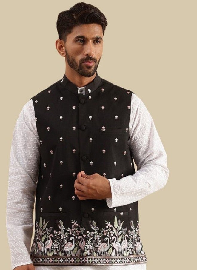 Sojanya Black Embroidered Nehru Jacket for Men - Image 1