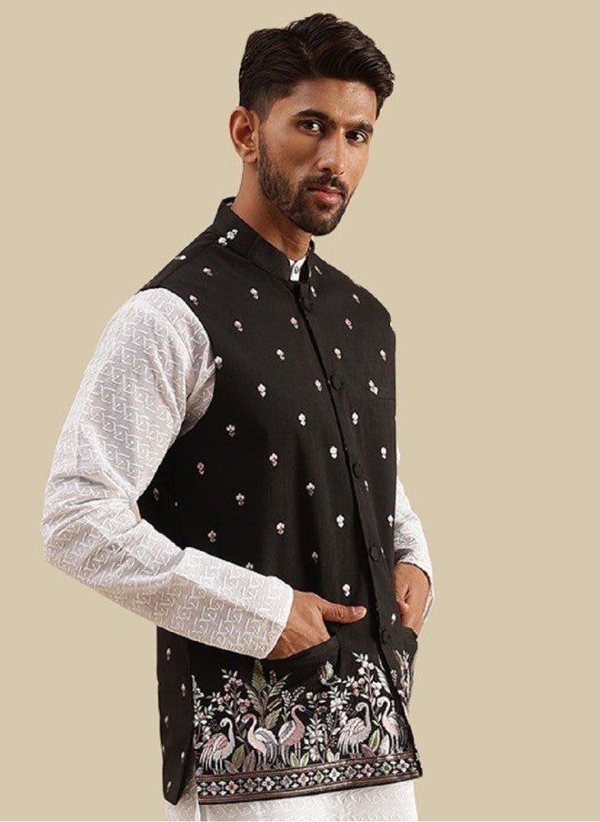 Sojanya Black Embroidered Nehru Jacket for Men - Image 3
