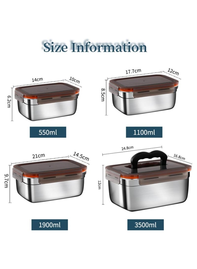 NANAO 4 Pack 304 Stainless Steel Food Storage Container with Airtight Lids,Microwave Safe Lunch Box, Leak-Proof Metal Food Storage Boxes for Kitchen,Fridge,550ml/1100ml/1900ml/3500ml Sizes, BPA-Free - Image 2