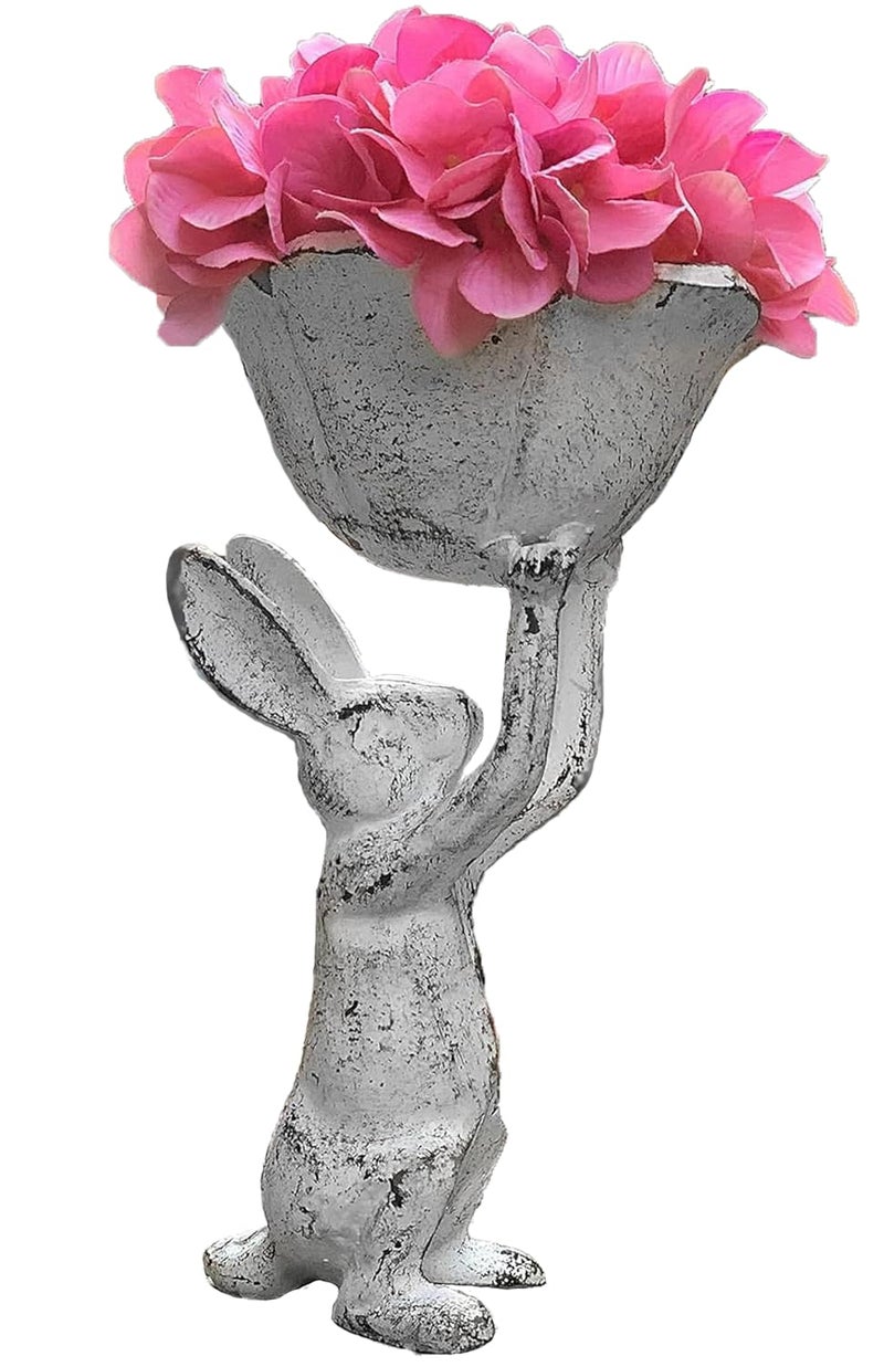 GARDY Antique White Cast Iron Rabbit with Flower Bird Feeder - 6 Inch Plant Pot or Feeder - (Cute Planter for Garden Decor for Outside) - Image 1
