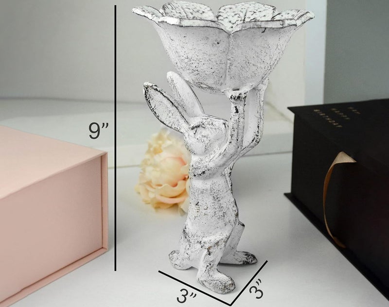 GARDY Antique White Cast Iron Rabbit with Flower Bird Feeder - 6 Inch Plant Pot or Feeder - (Cute Planter for Garden Decor for Outside) - Image 2