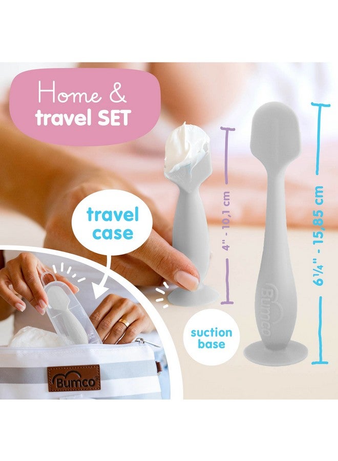 بيبي بام برَش فرشاة تنظيف أرداف الأطفال من بومكو + ملعقة صغيرة لكريم الحفاضات مع حقيبة - ملعقة حفاضات من السيليكون خالية من مادة BPA، أداة وضع معجون الأرداف من ابتكار الأم (رمادي ورمادي) - Image 4