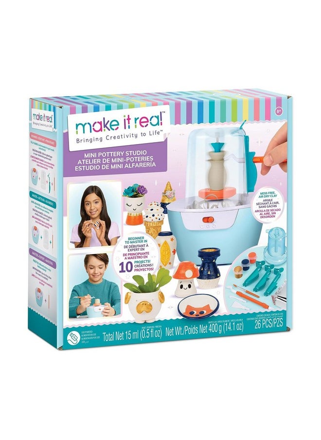 Make It Real Make It Real Mini Pottery Studio - 26-Piece DIY Pottery Kit with Mess-Free Air Dry Clay - Create 10 Miniature Projects, Beginner to Master Levels - Innovative Centering Tool - Great for Kids Ages 8  - Image 1