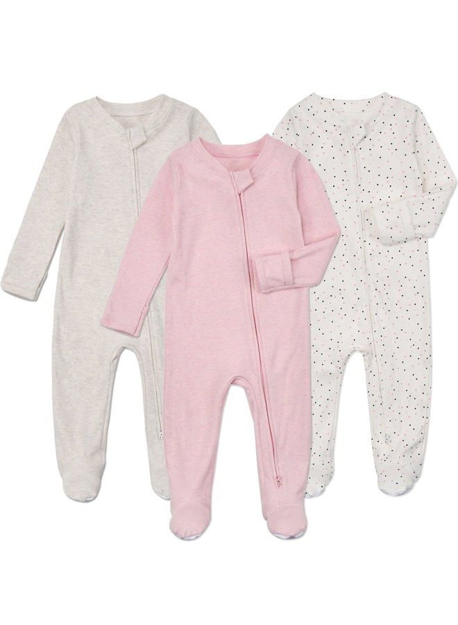 Aablexema Baby Footie Pajamas with Mittens - 3 Pcs Infant Girls Boys Footed Onesies Sleeper Newborn Cotton Sleepwear Outfits, Gkpd01(zipper), 0-3 Months - Image 1