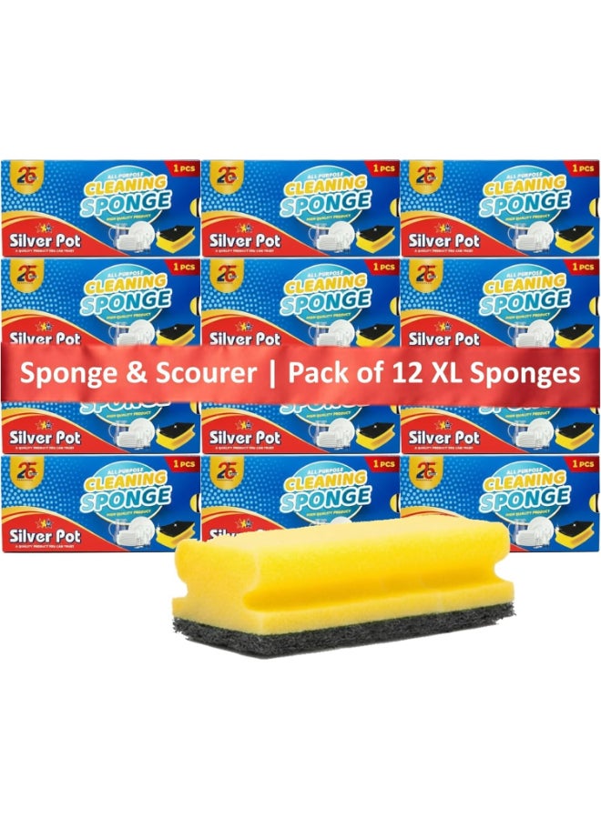 Silver Pot 12pcs Kitchen Sponge & Scourer – XL Sponges, 14cm Long Dual Purpose Cleaning Sponges For Pots, Pans, Kitchen Utensils, and Delicate Surfaces