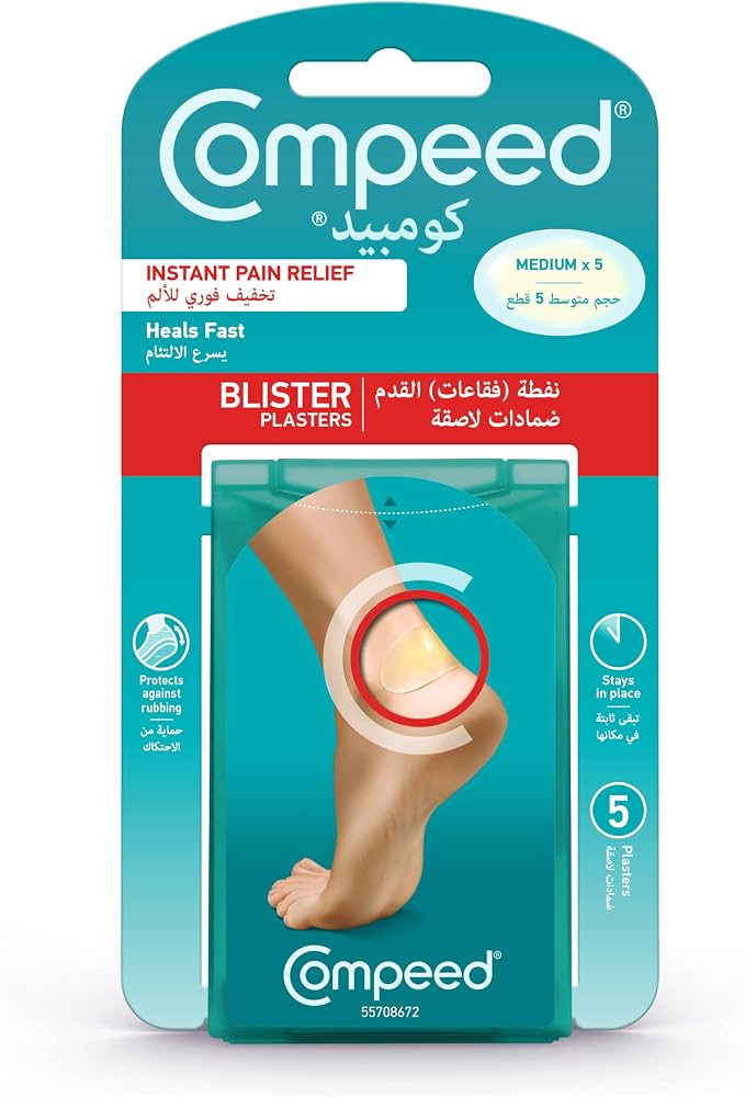 كومبيد 1 Compeed لصقات متوسطة للبثور هيدروكولويد وسادات العناية بالقدم تخفيف فوري للألم حماية وتبطين مضاد للاحتكاك ضمادات لاصقة طويلة الأمد لبثور الكعب والقدم عبوة من 5 قطع - Image 1