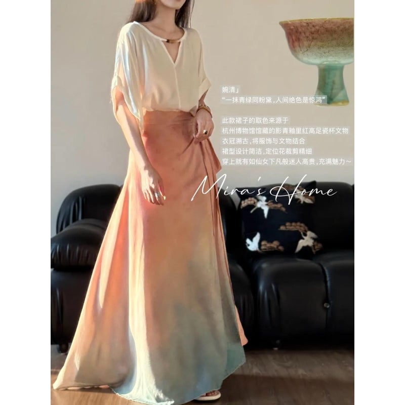 Chinese Style Floral Print Wrap Skirt - Viscose A-Line Long Skirt - Image 1