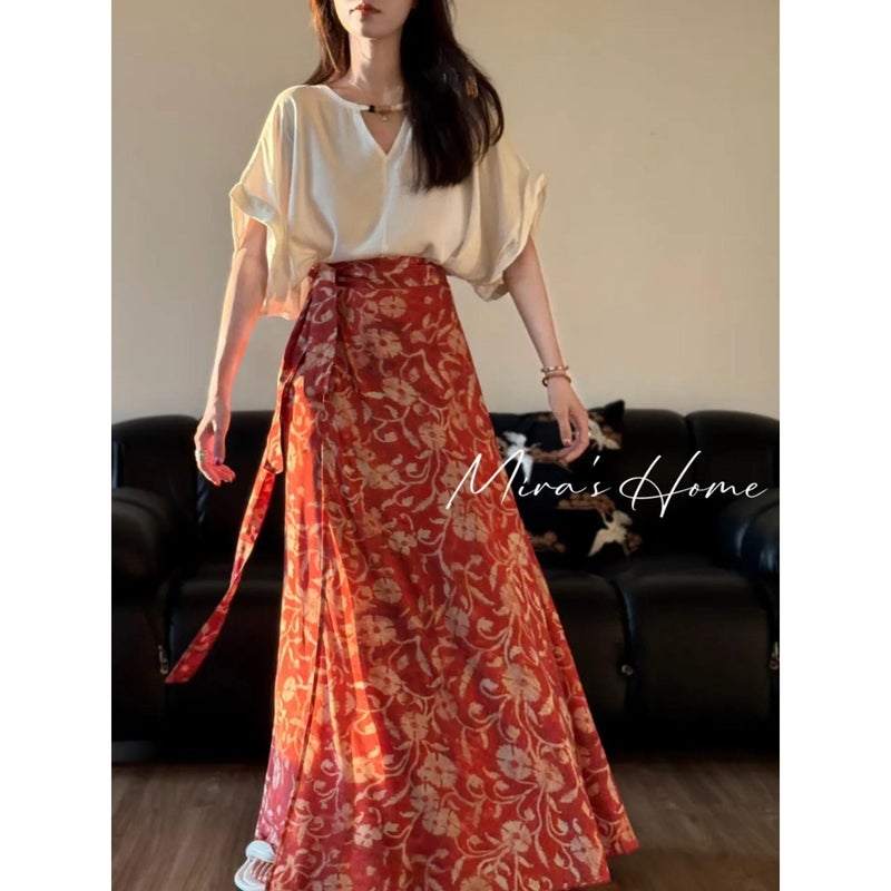 Chinese Style Floral Print Wrap Skirt - Viscose A-Line Long Skirt - Image 4