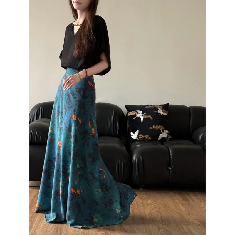 Chinese Style Floral Print Wrap Skirt - Viscose A-Line Long Skirt - Image 2
