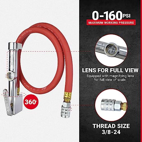 Milton 502 Heavy-Duty Analog Tire Inflator with Pressure Gauge, 3' Hose Kwik Grip Safety Inflator Gage, Made in USA (OSHA Compliant) 10-160 PSI - Image 2