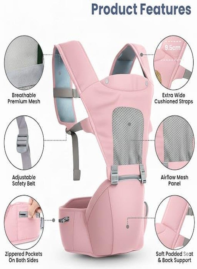 hierax Baby Carrier Bag with Hip Seat, Ergonomic Design with Breathable Mesh Panels, Multiple Carrying Positions, (Baby Pink) - Image 3