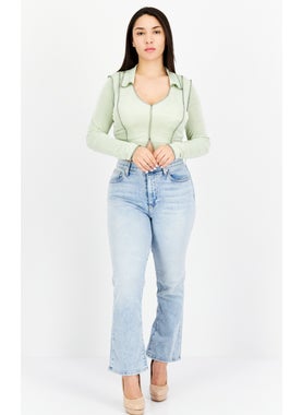 Emory Park Women Spread Collar Long Sleeve Ripped Top, Sage Green  - Image 4