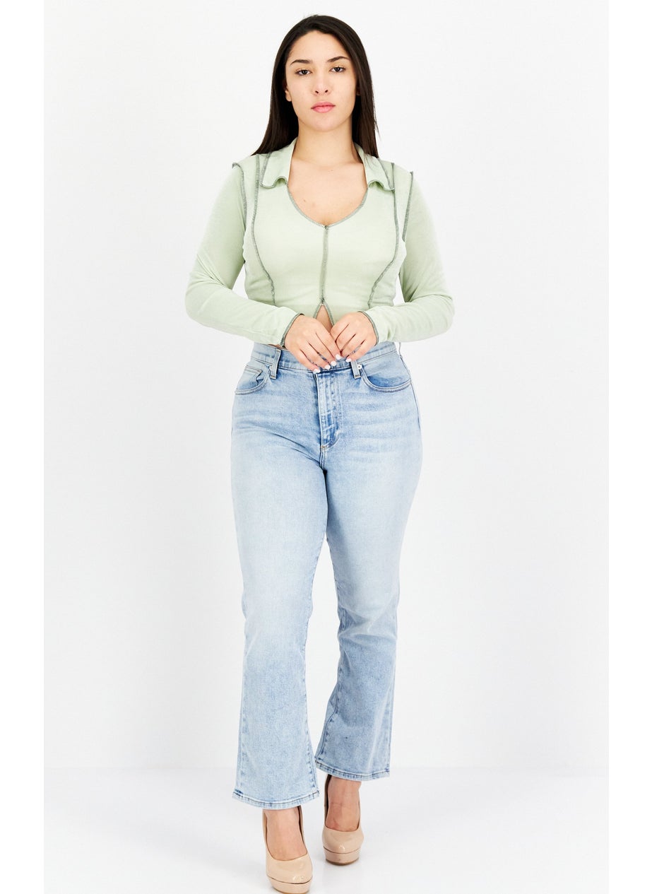 Emory Park - Women Spread Collar Long Sleeve Ripped Top, Sage Green - Image 1