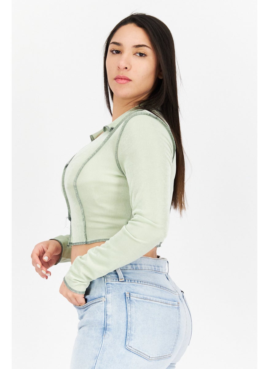 Emory Park - Women Spread Collar Long Sleeve Ripped Top, Sage Green - Image 1