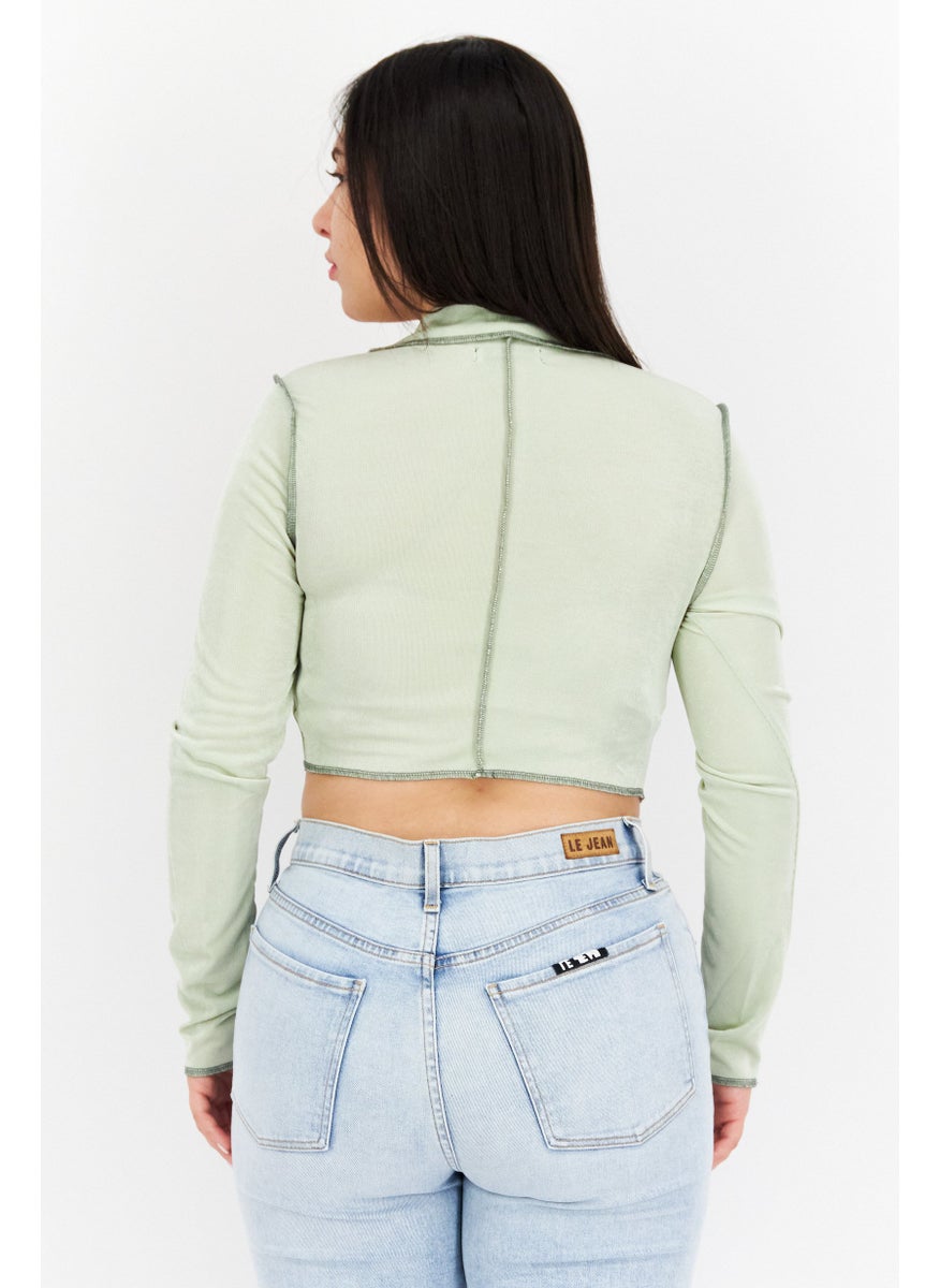 Emory Park - Women Spread Collar Long Sleeve Ripped Top, Sage Green - Image 1