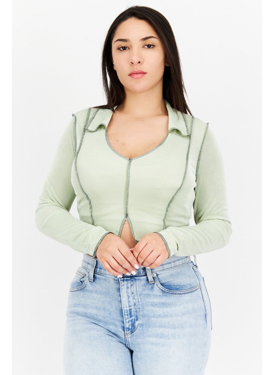 Emory Park - Women Spread Collar Long Sleeve Ripped Top, Sage Green - Image 1