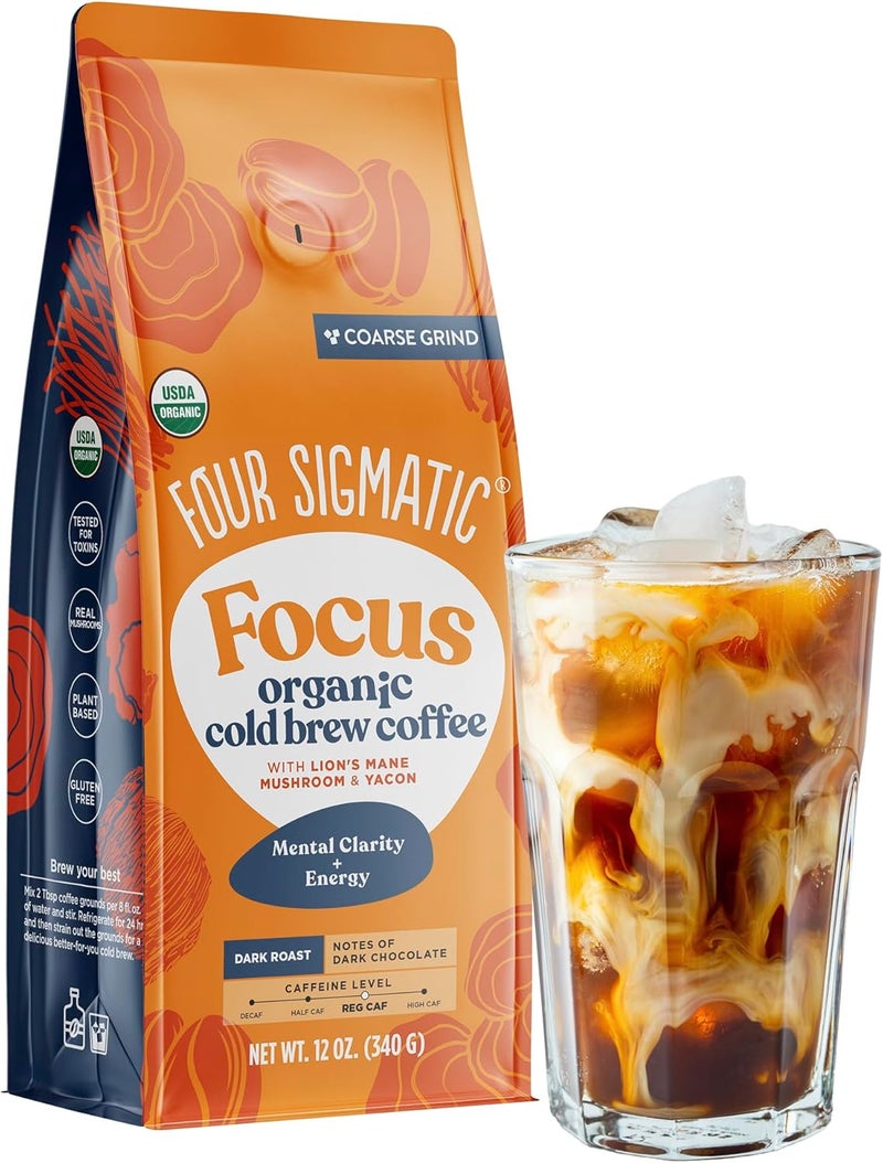 Four Sigmatic Organic Cold Brew Coffee Grounds with Lion's Mane and Chaga - Dark Roast, 12oz Bag - Image 1