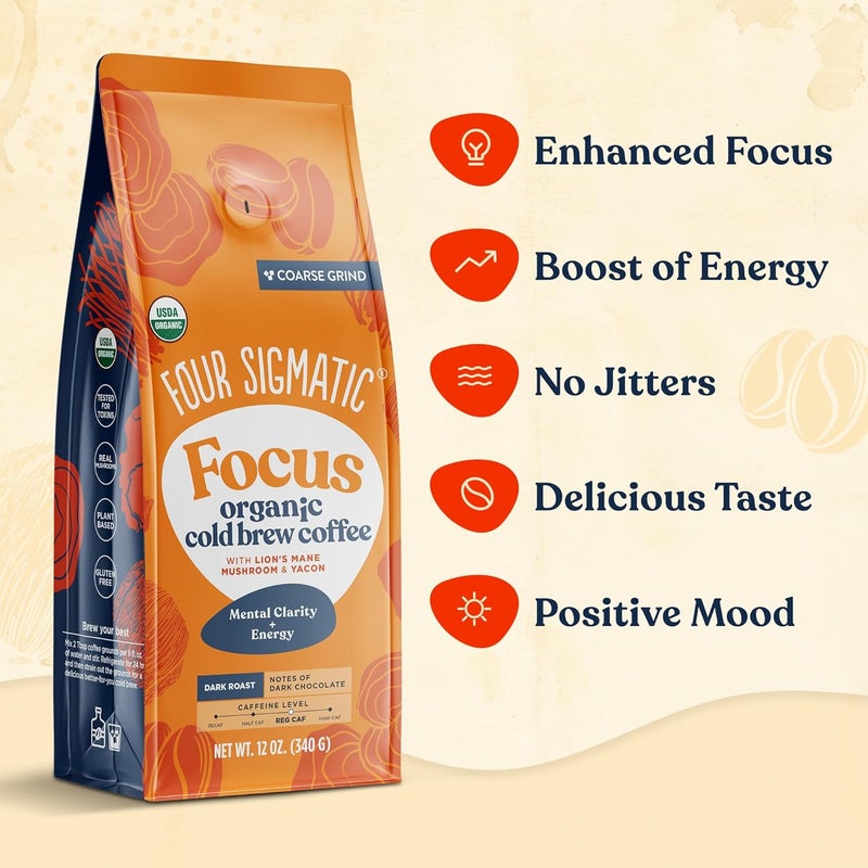 Four Sigmatic Organic Cold Brew Coffee Grounds with Lion's Mane and Chaga - Dark Roast, 12oz Bag - Image 5