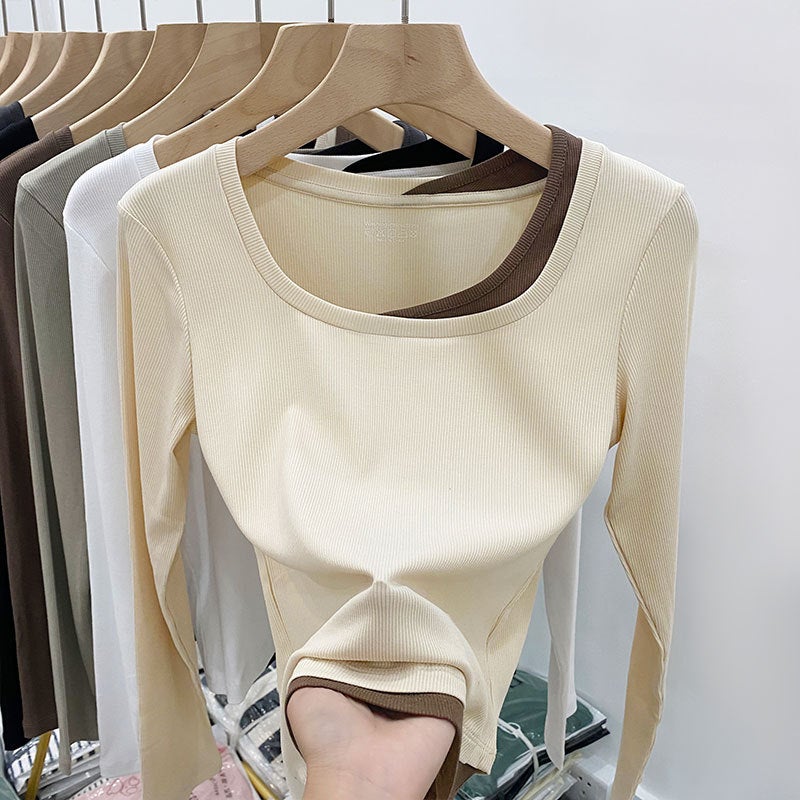 Real Shot Real Price Fake Two-piece Long-sleeved T-shirt Women's Spring Spring New Design Sense Square Collar Slim-fit Interior Stylized Base Shirt - Image 4