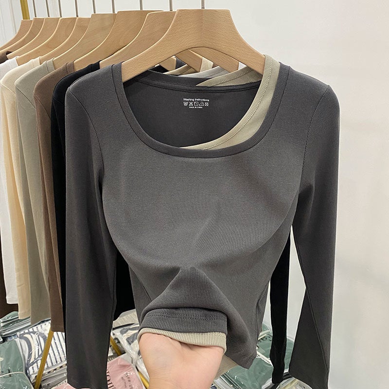 Real Shot Real Price Fake Two-piece Long-sleeved T-shirt Women's Spring Spring New Design Sense Square Collar Slim-fit Interior Stylized Base Shirt - Image 5
