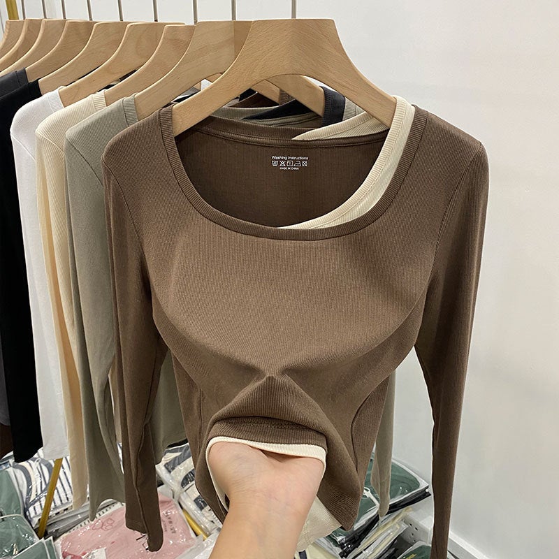 Real Shot Real Price Fake Two-piece Long-sleeved T-shirt Women's Spring Spring New Design Sense Square Collar Slim-fit Interior Stylized Base Shirt - Image 2