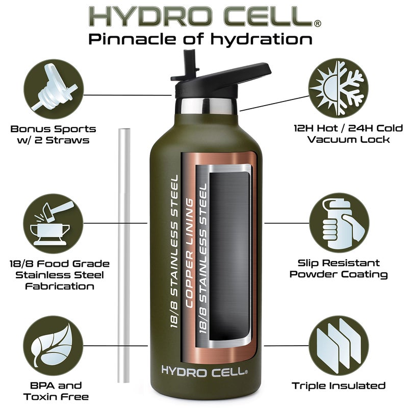 HYDRO CELL Stainless Steel Water Bottle with Straw & 2 Standard Mouth Lids (32oz 24oz 20oz 16oz) Keeps Liquids Hot or Cold w/Double Wall Vacuum Insulated Leak Proof Sport Design (Army 32oz) - Image 3