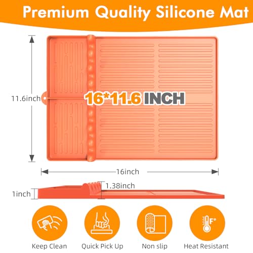 Bolycen Silicone Griddle Tool Mat Compatible with Blackstone, Spatula Mat with Drip Pad Blackstone Griddle Accessories, Grill Side Shelf Utensil Pad, BBQ Grilling Accessories Gifts for Men(Orange) - Image 4