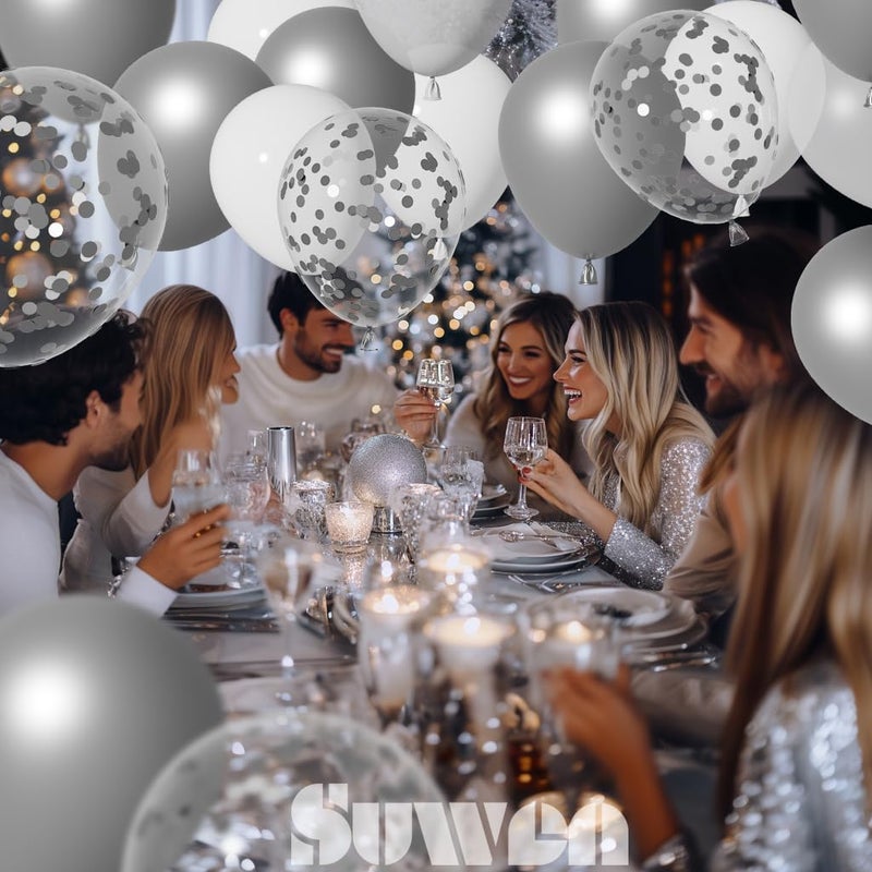 SUWEN 60PCS Metallic Silver Confetti Balloons Set Latex Helium Chrome Silver Balloon for Birthday New Year Baby Shower Wedding Party Decorations - Image 5