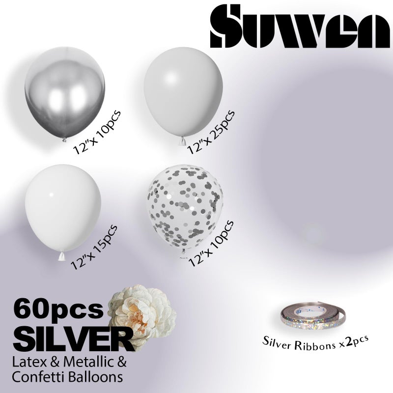 SUWEN 60PCS Metallic Silver Confetti Balloons Set Latex Helium Chrome Silver Balloon for Birthday New Year Baby Shower Wedding Party Decorations - Image 2