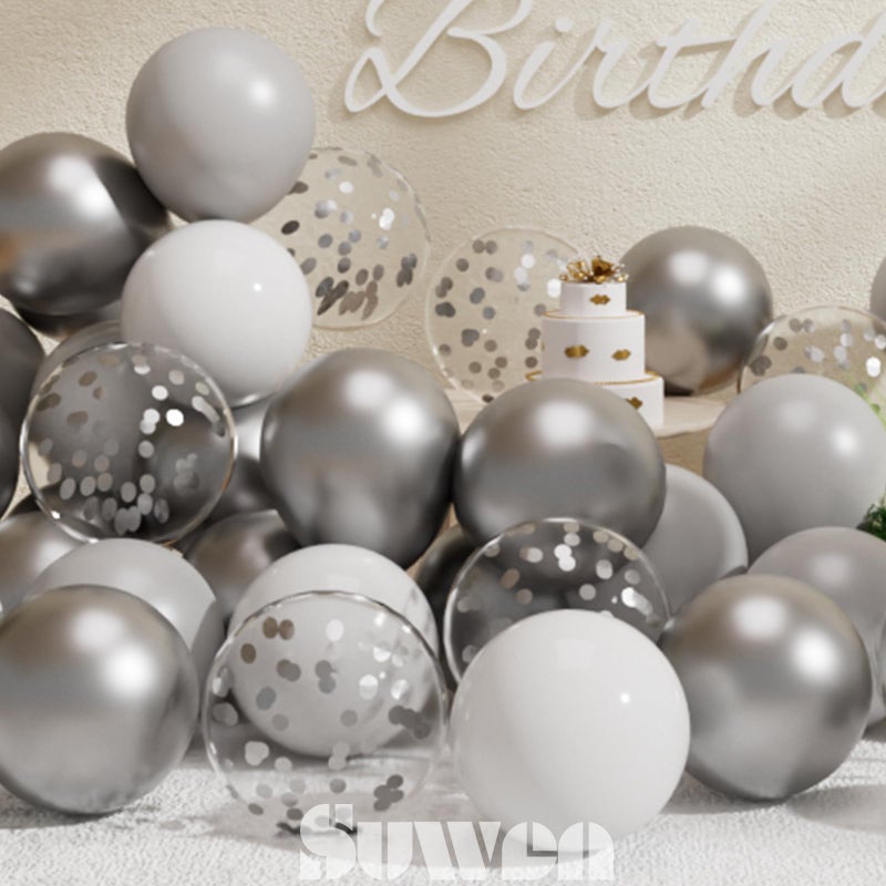 SUWEN 60PCS Metallic Silver Confetti Balloons Set Latex Helium Chrome Silver Balloon for Birthday New Year Baby Shower Wedding Party Decorations - Image 4