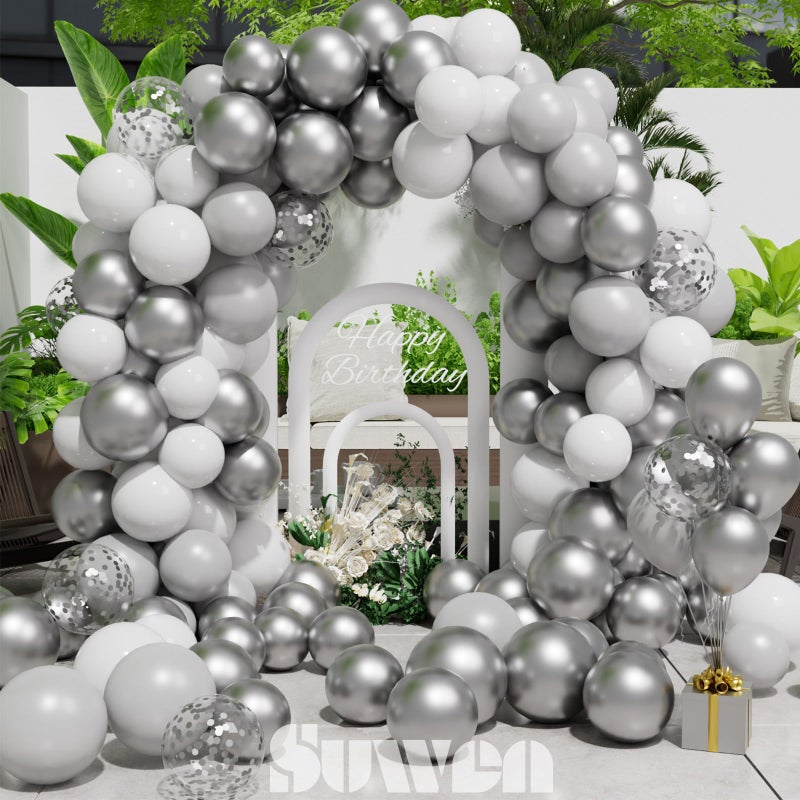 SUWEN 60PCS Metallic Silver Confetti Balloons Set Latex Helium Chrome Silver Balloon for Birthday New Year Baby Shower Wedding Party Decorations - Image 3