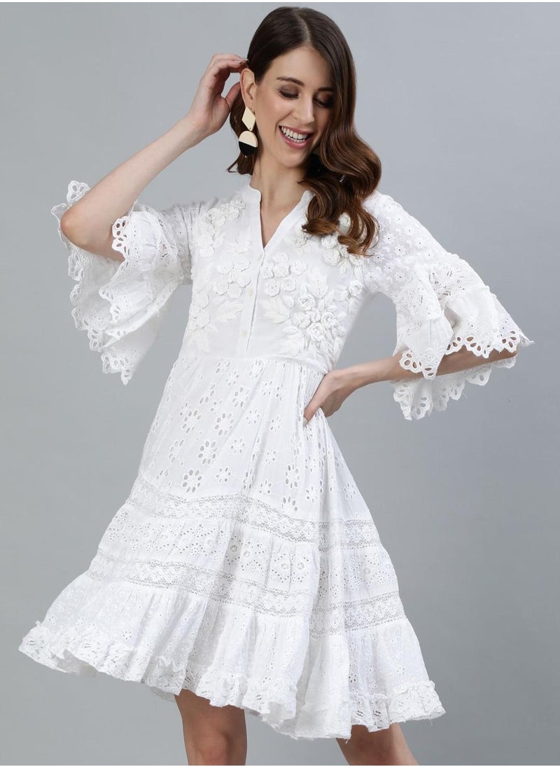 ISHIN Women's White Rayon Embellished Midi Smock Straight Fit Dress  - Image 1