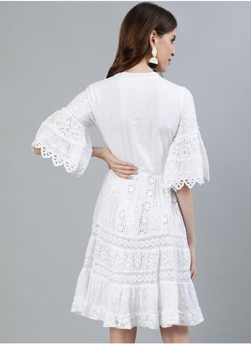 ISHIN Women's White Rayon Embellished Midi Smock Straight Fit Dress  - Image 5