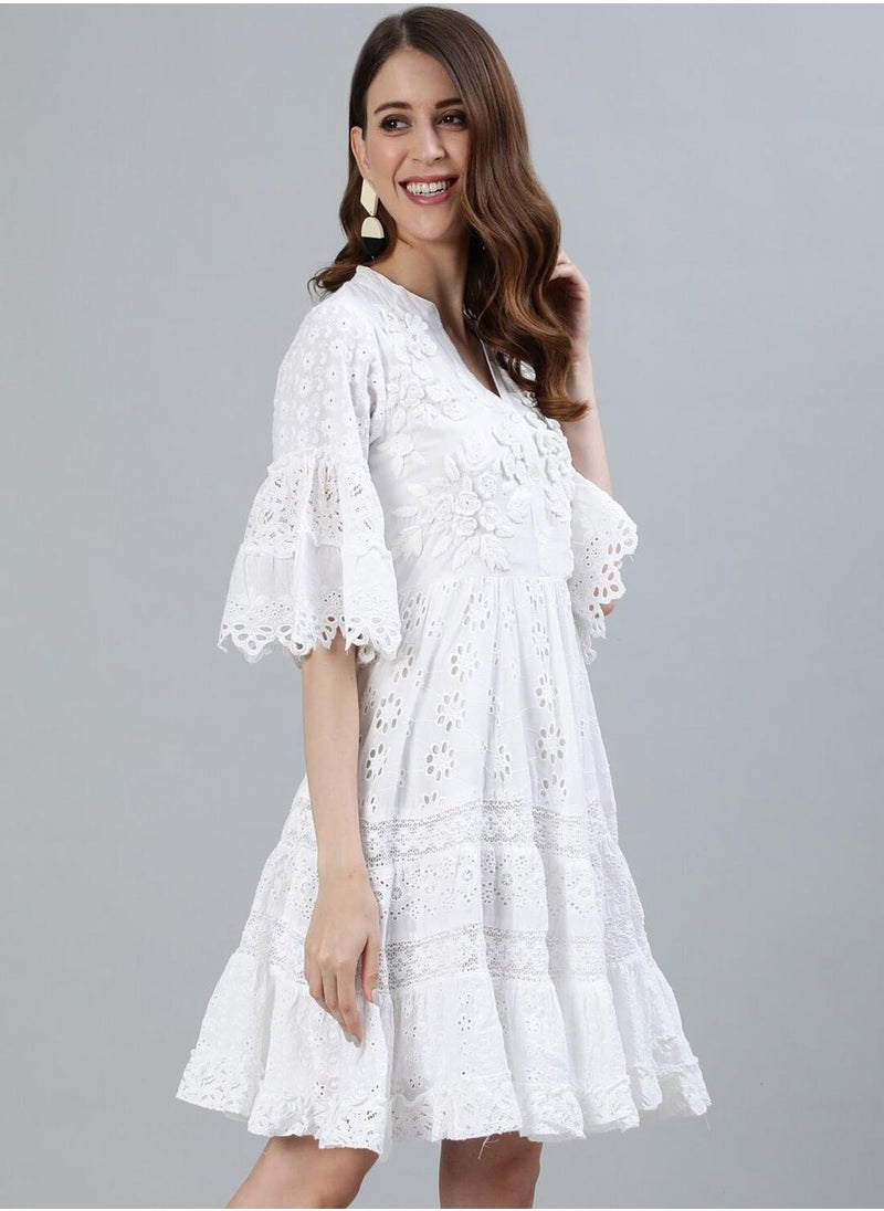 ISHIN Women's White Rayon Embellished Midi Smock Straight Fit Dress  - Image 3