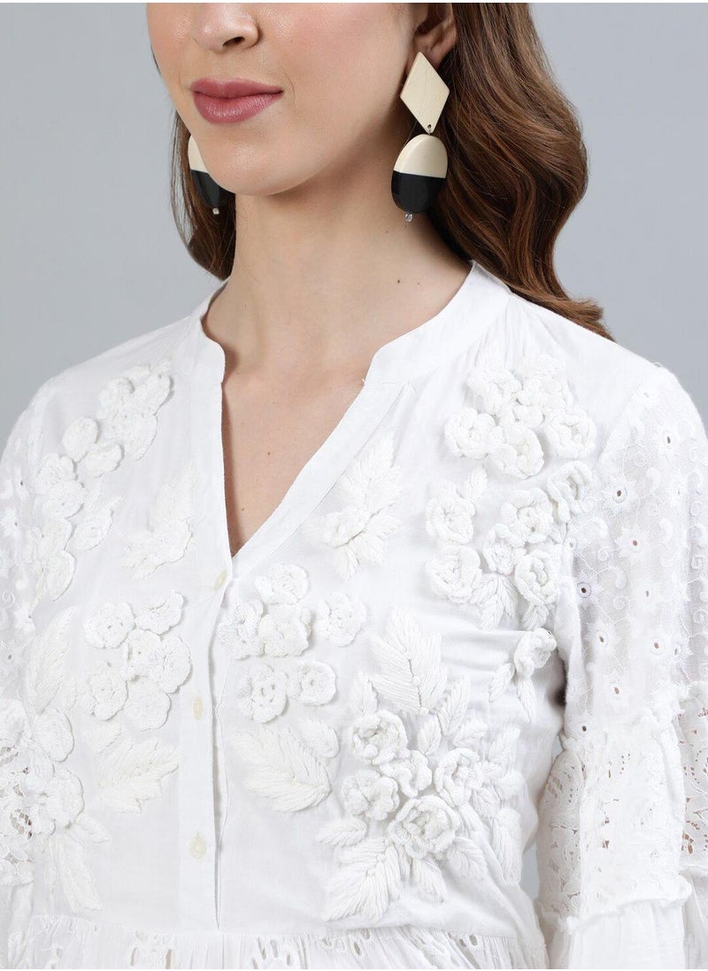 ISHIN Women's White Rayon Embellished Midi Smock Straight Fit Dress  - Image 2