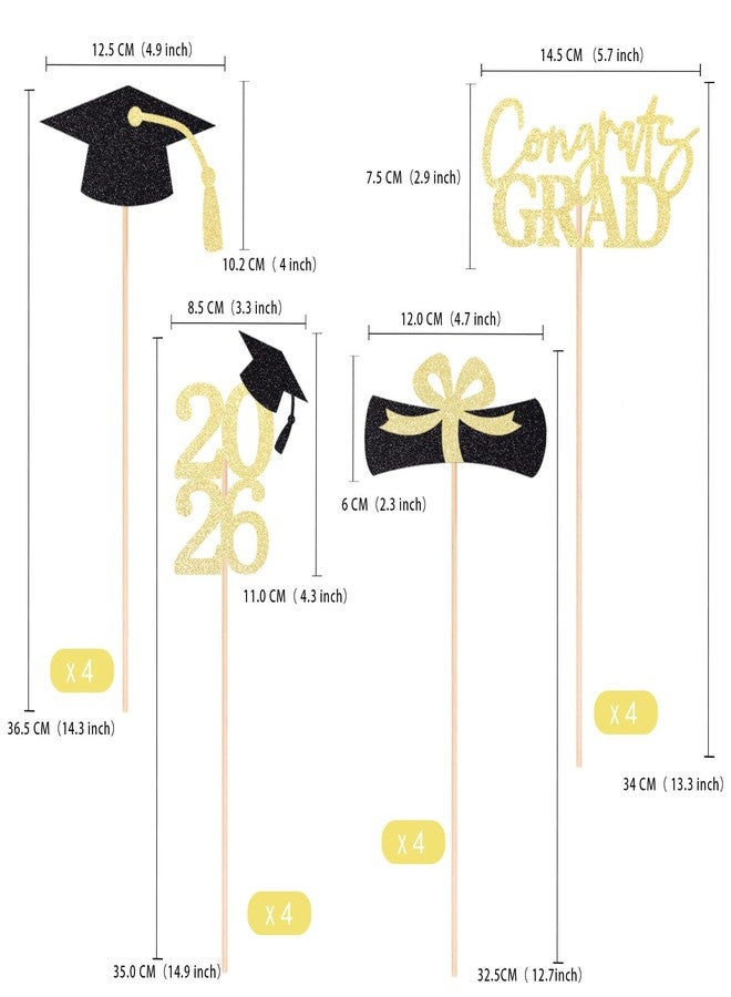 Gexolenu Graduation Decoration Class of 2026 Centerpieces for Table, 2026 Party Centerpieces Grad Cap Sticks Party Supplies, Graduation Party Decoration Toppeers (16 PCS, Gold & Black, Set of 4) - Image 3