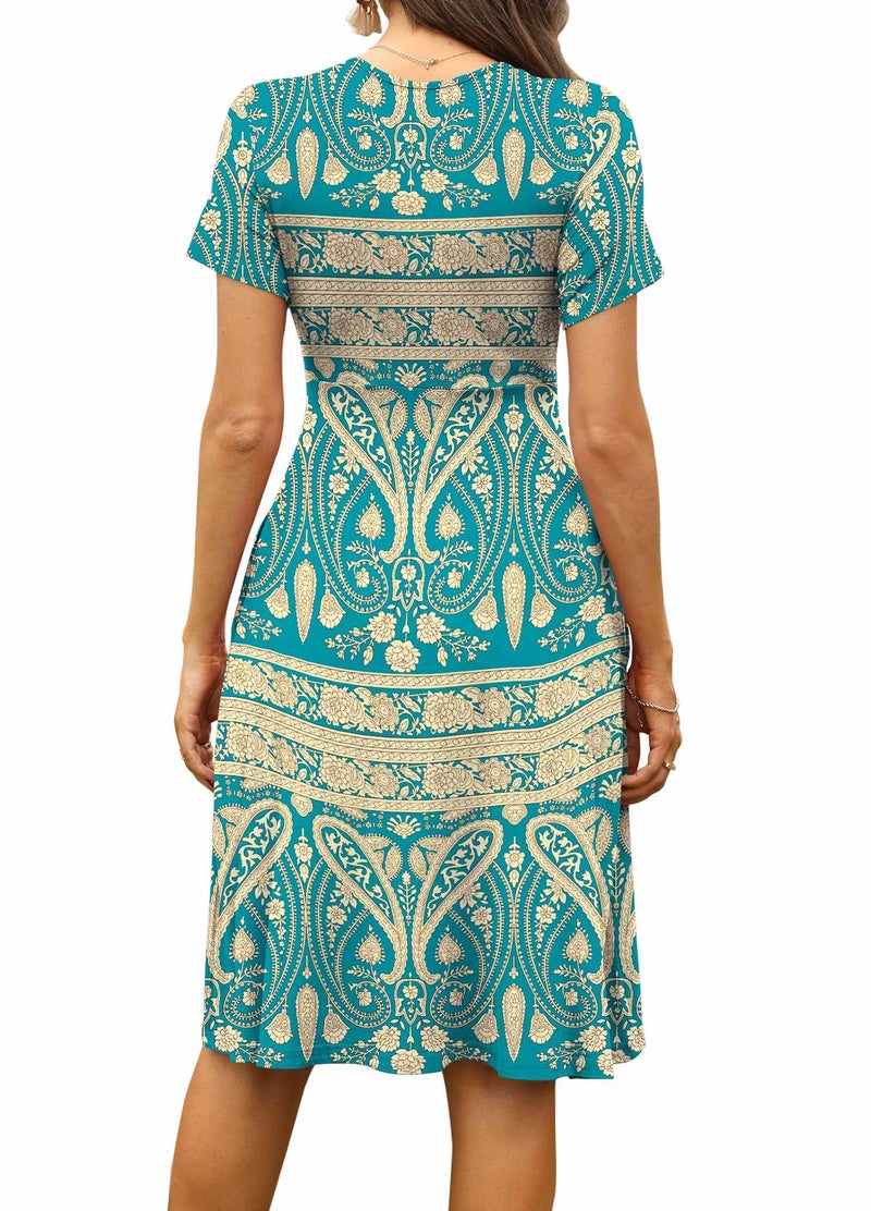 WEACZZY Sundresses for Women Casual Floral Summer Dress Short Sleeve Paisley Print Sun Dress V-Neck Swing Flowy Dresses with Pockets, Blue Khaki,XL - Image 4