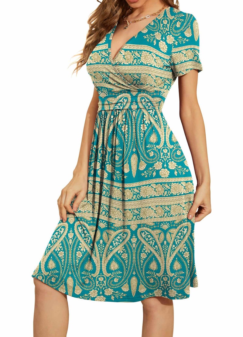 WEACZZY Sundresses for Women Casual Floral Summer Dress Short Sleeve Paisley Print Sun Dress V-Neck Swing Flowy Dresses with Pockets, Blue Khaki,XL - Image 2