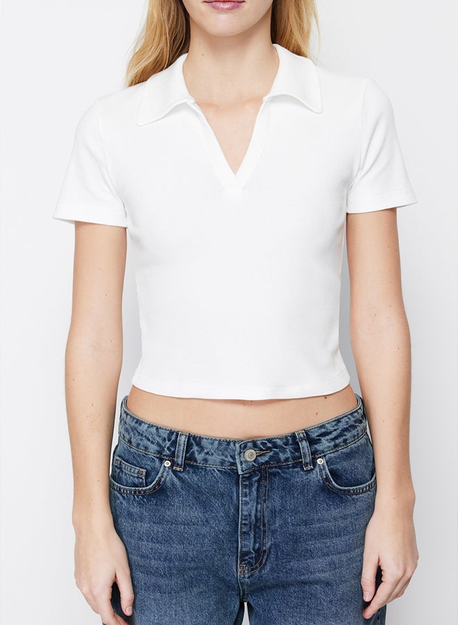 trendyol White Fitted/Situated Crop Polo Neck Ribbed Stretch Knit Blouse - Image 4
