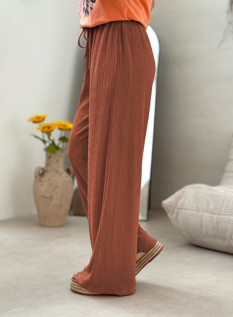 Samefar Drawstring Pants Women Soft Palazzo Linen Pants Wide Leg High Waist Casual Lounge Pant Vacation Beach Travel Vacation Outfits Caramel Large - Image 3