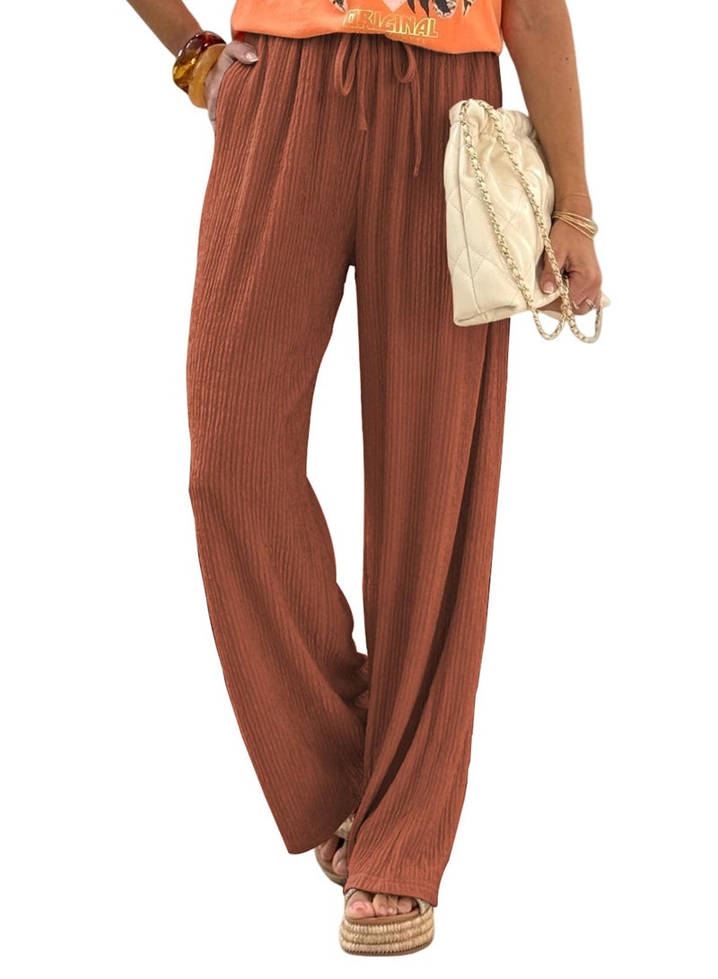 Samefar Drawstring Pants Women Soft Palazzo Linen Pants Wide Leg High Waist Casual Lounge Pant Vacation Beach Travel Vacation Outfits Caramel Large - Image 1
