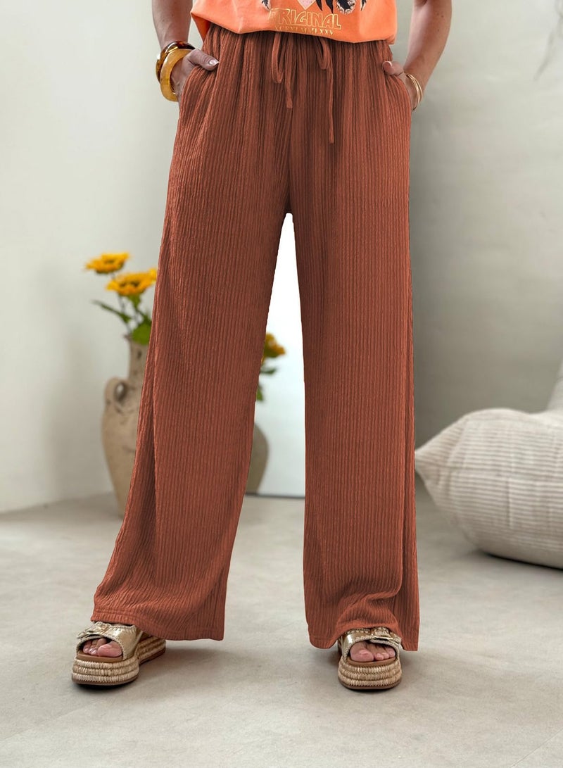 Samefar Drawstring Pants Women Soft Palazzo Linen Pants Wide Leg High Waist Casual Lounge Pant Vacation Beach Travel Vacation Outfits Caramel Large - Image 5