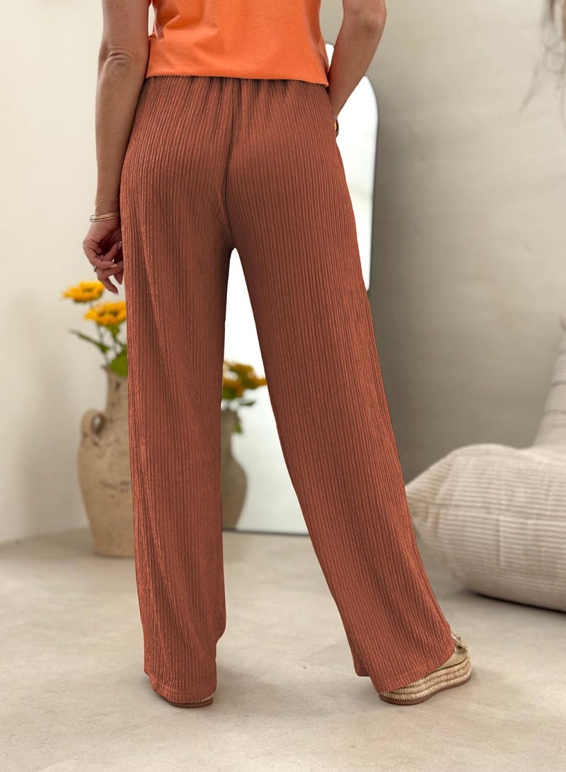 Samefar Drawstring Pants Women Soft Palazzo Linen Pants Wide Leg High Waist Casual Lounge Pant Vacation Beach Travel Vacation Outfits Caramel Large - Image 4