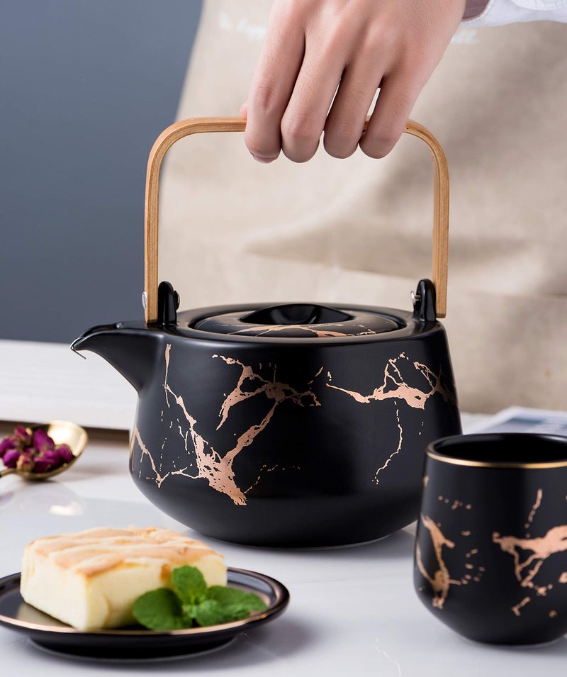 Jusalpha Marble Porcelain Teapot Set Modern Japanese Tea Pot with Infuser for Loose Tea, 4-Piece Tea Cups (6.7 OZ) with Bamboo Tray - Tea Cups Set for Home and Restaurant, FDJPT4 (Black) - Image 4