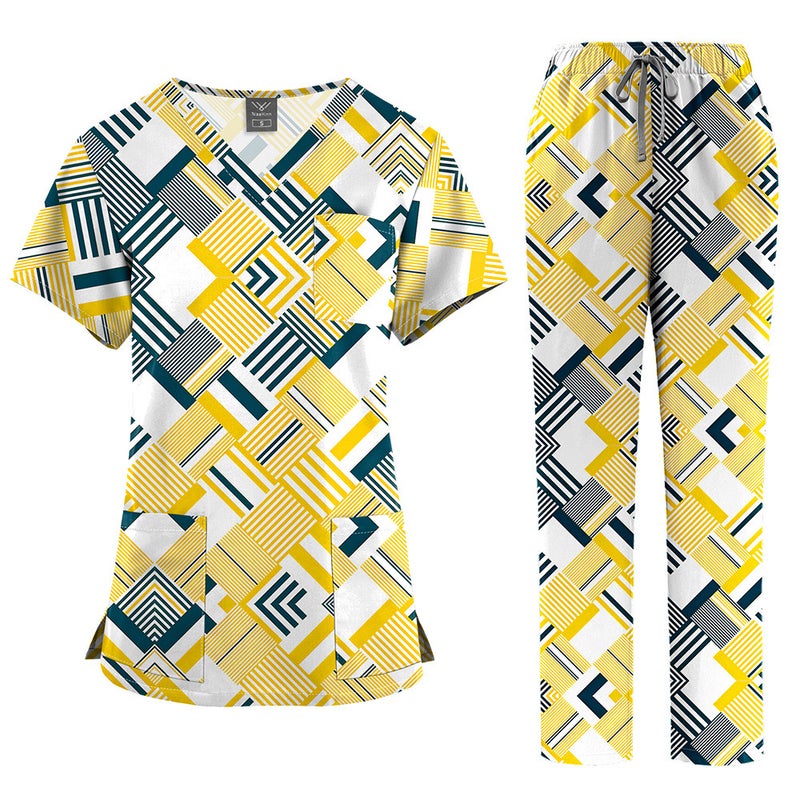 Printed Washable Scrubs Set - Comfortable, Breathable Medical Uniform for Doctors and Nurses in Blue