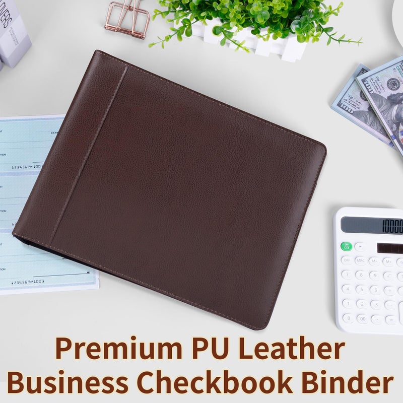 Antner 3 Ring Personal Check Binder for 3-on-a-Page End-Stub Deskbook & Personal 3 Holes or 9 Holes Small Size Checks, PU Leather Check Holder Checkbook Binder Cover with Zipper Pouch, Coffee - Image 3