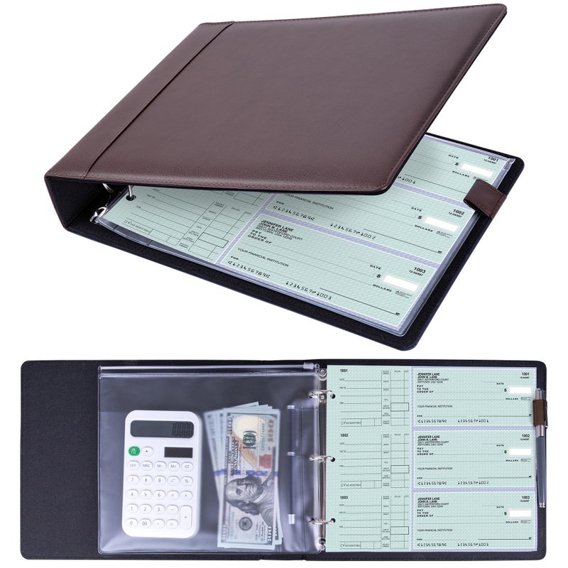 Antner 3 Ring Personal Check Binder for 3-on-a-Page End-Stub Deskbook & Personal 3 Holes or 9 Holes Small Size Checks, PU Leather Check Holder Checkbook Binder Cover with Zipper Pouch, Coffee - Image 1