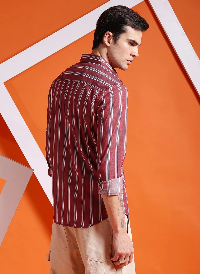 The Indian Garage Co Men Slim Fit Striped Full Sleeves Cutaway Collar Casual Shirt