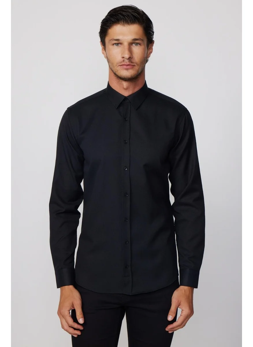 Tudors Modern Slim Fit Cotton Easy-Iron Dobby Black Men's Shirt