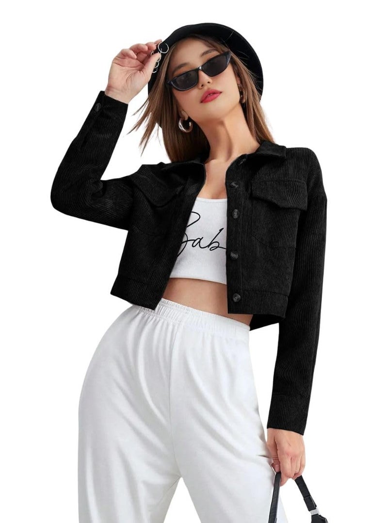 SMOWKLY Women’s Cotton Blend Cropped Jacket with Two Pockets| Casual Button Down Shirt| Stylish Lightweight Outerwear for Women’s | Long Sleeve Jacket for Regular Wear - Image 1